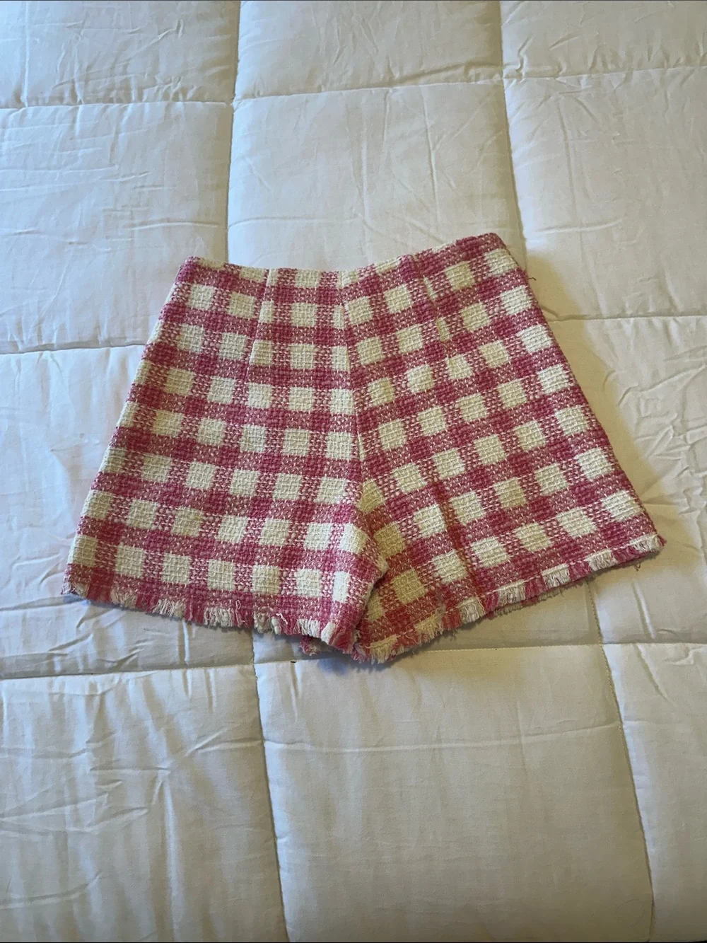 Pink Check Tweed Wrap Skort with Frayed Hem